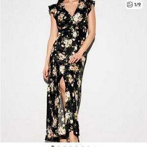 The Occasion by Old Navy Floral Black Maxi Dress with Flutter Sleeves M Tall
